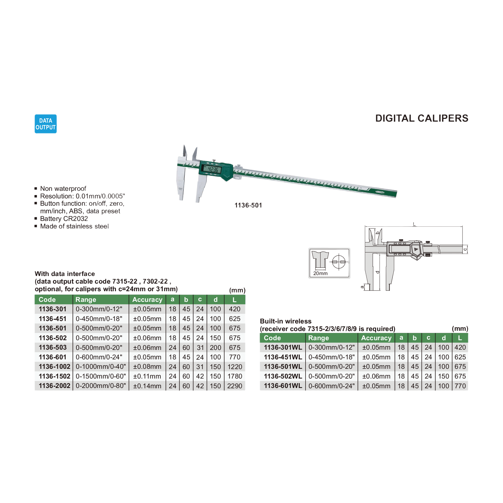 INSIZE Measuring Equipment Insize Long Jaw Digital Caliper 0–450 mm / 0–18 Series 1136-451