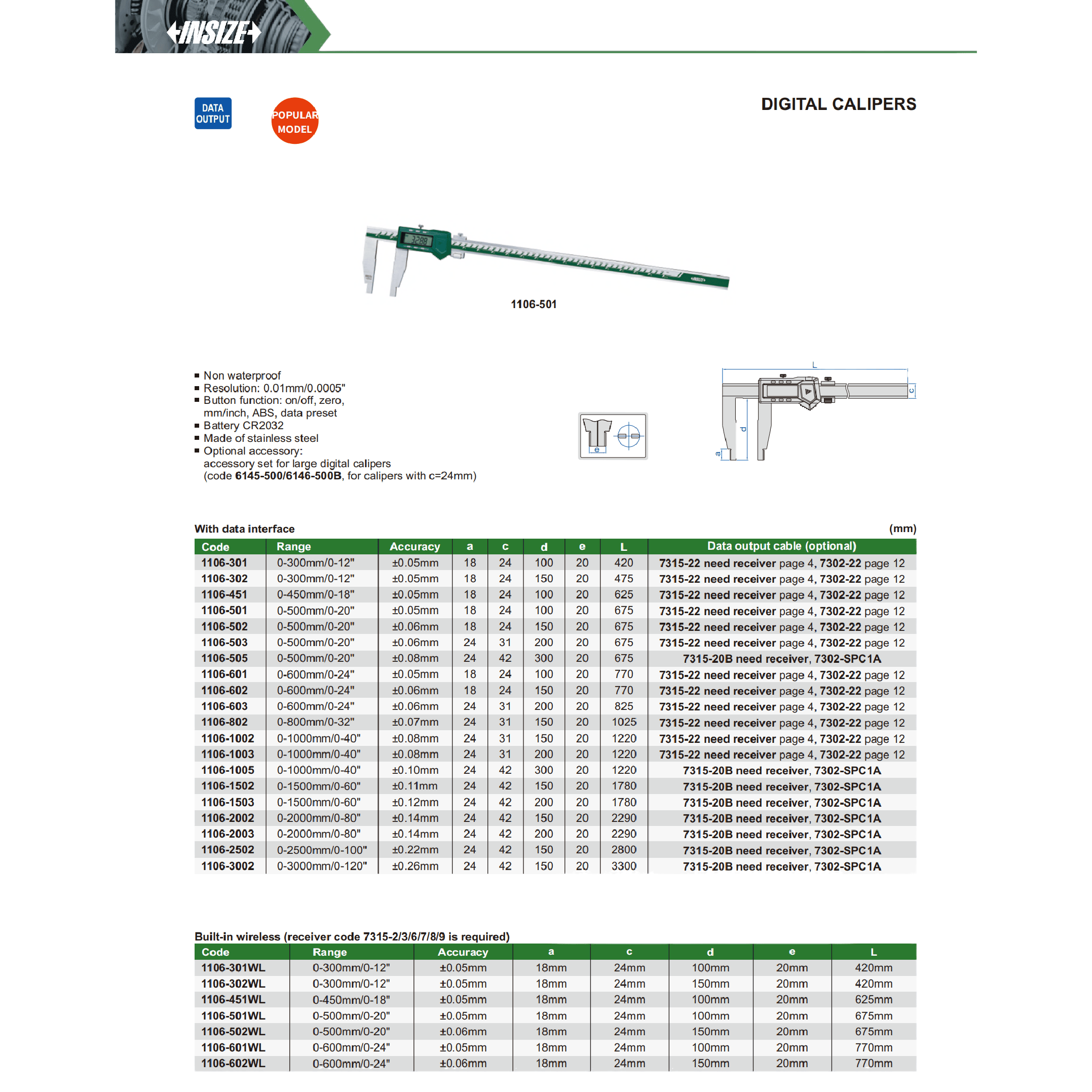 INSIZE Measuring Equipment Insize Long Jaw Digital Caliper 0–500 mm / 0–20" (Jaw L 150 mm) Series 1106-502