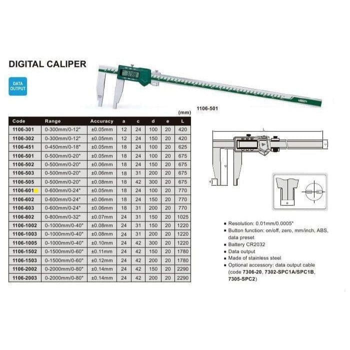 INSIZE Measuring Equipment Insize Long Jaw Digital Caliper  0- 500mm / 0-20" Range Series 1106-501