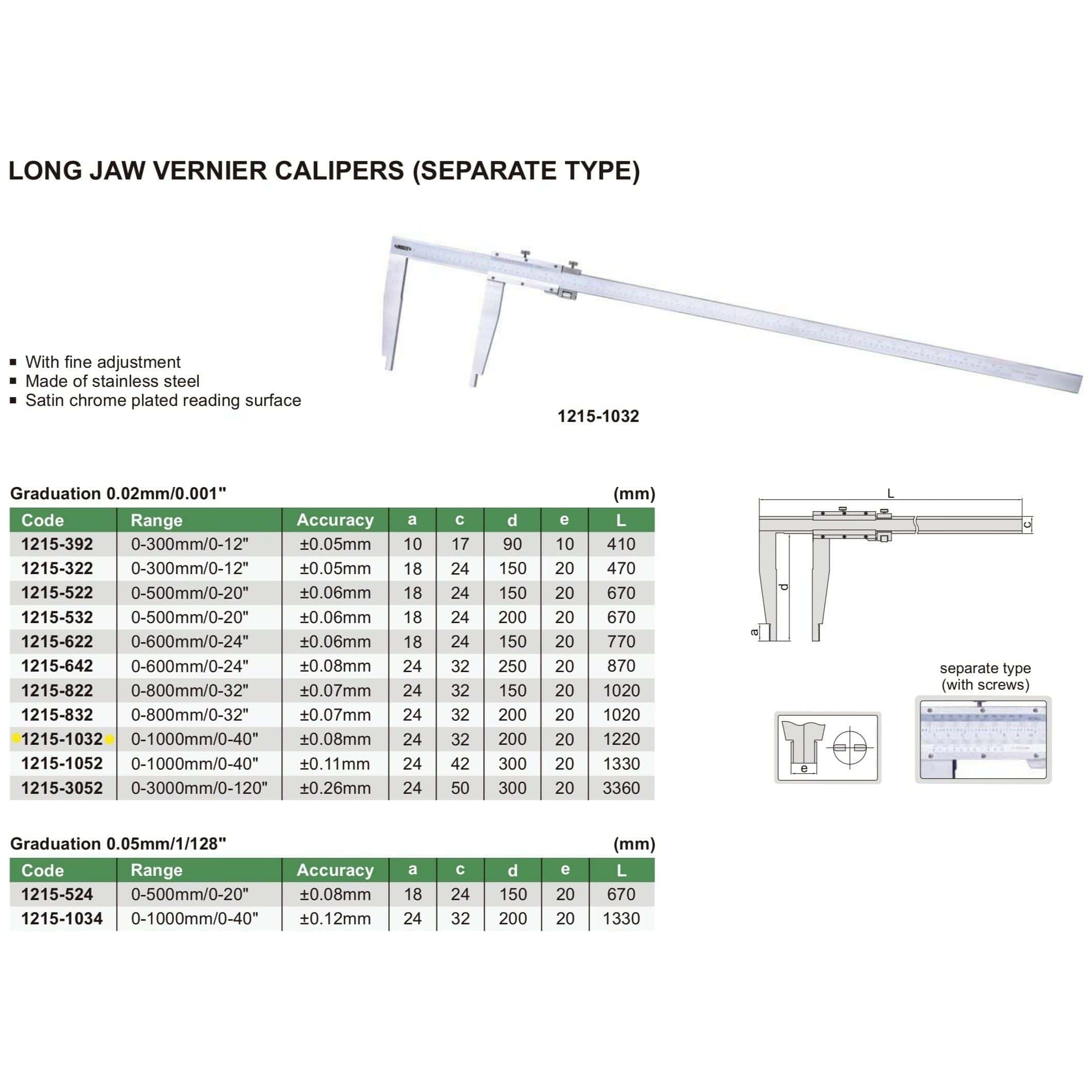 INSIZE Measuring Equipment Insize Long Jaw Vernier Caliper 0-1000mm/0-40" x 0.02mm/0.001" Range Series 1215-1032