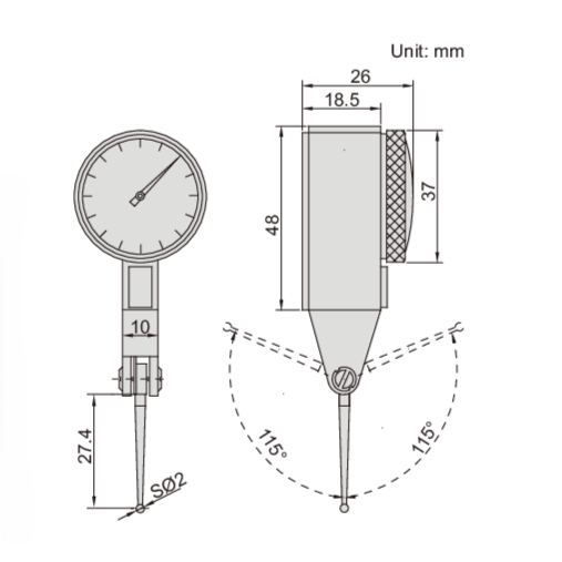 INSIZE Measuring Equipment Insize Long Stylus Dial Test Indicator 0.8mm x 0.01mm Range Series 2383-08A