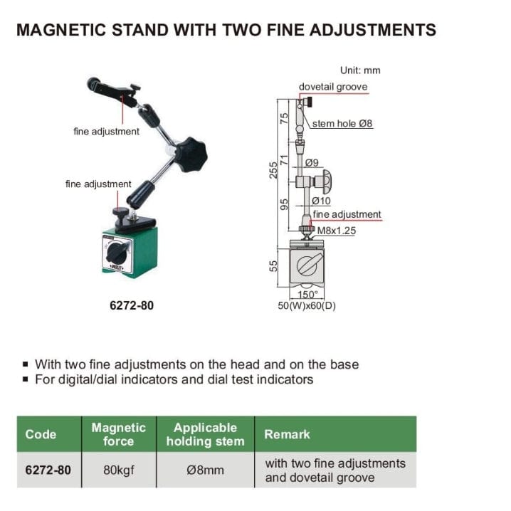 INSIZE Measuring Equipment Insize Magnetic Stand w/ Two Fine Adjustments Series 6272-80
