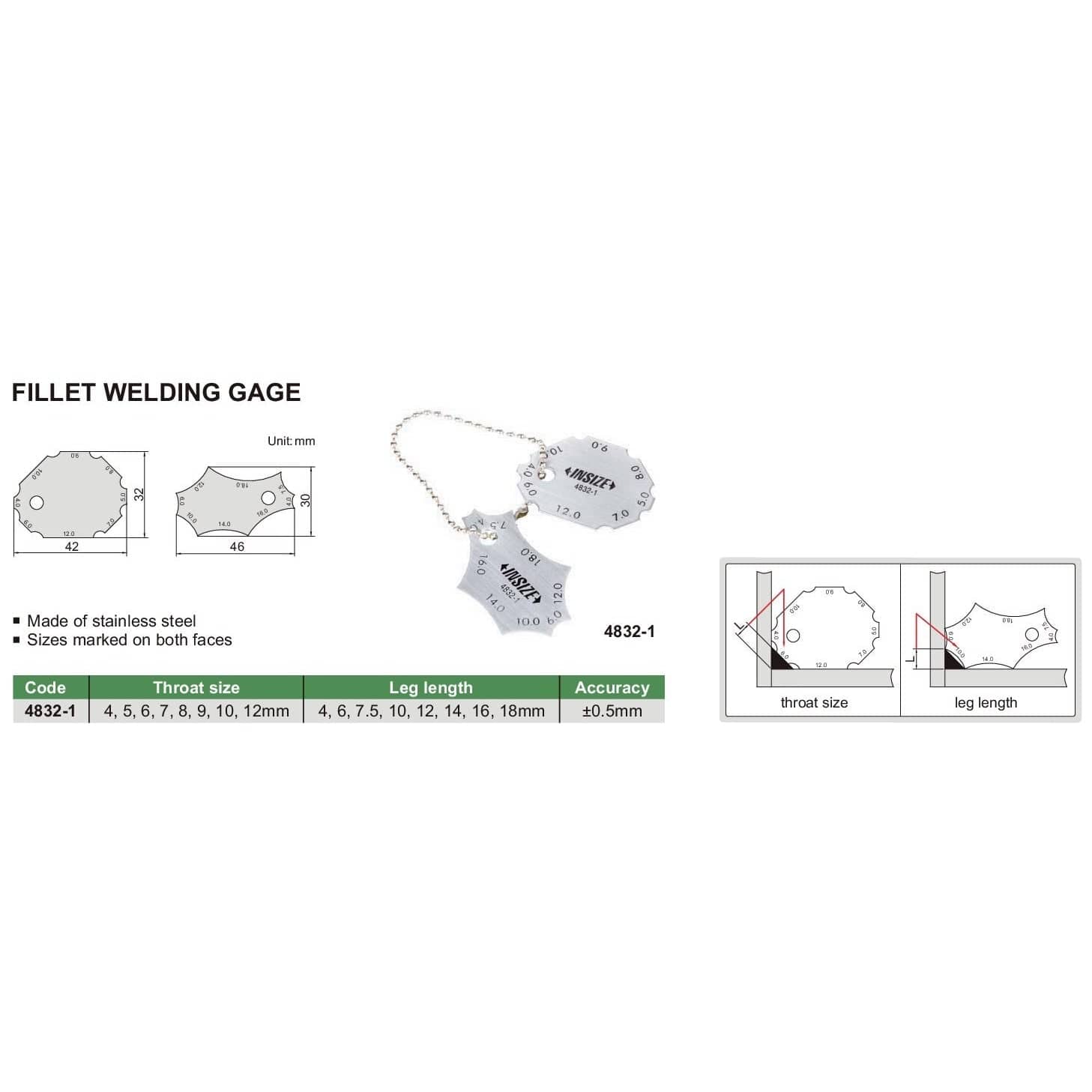 INSIZE Measuring Equipment Insize Metric Fillet Weld Gauge Series 4832-1