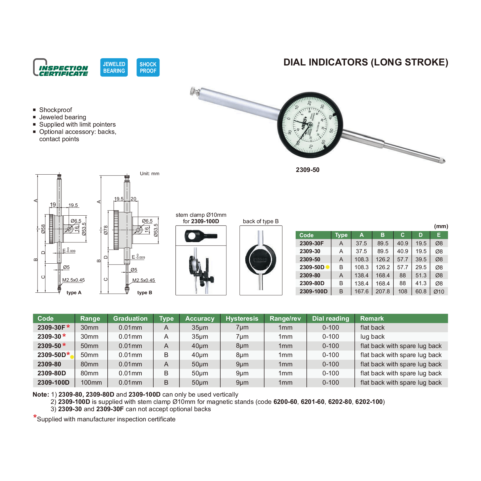 INSIZE Measuring Equipment Insize Metric Long Stroke Dial Indicator 50mm Range Series 2309-50D