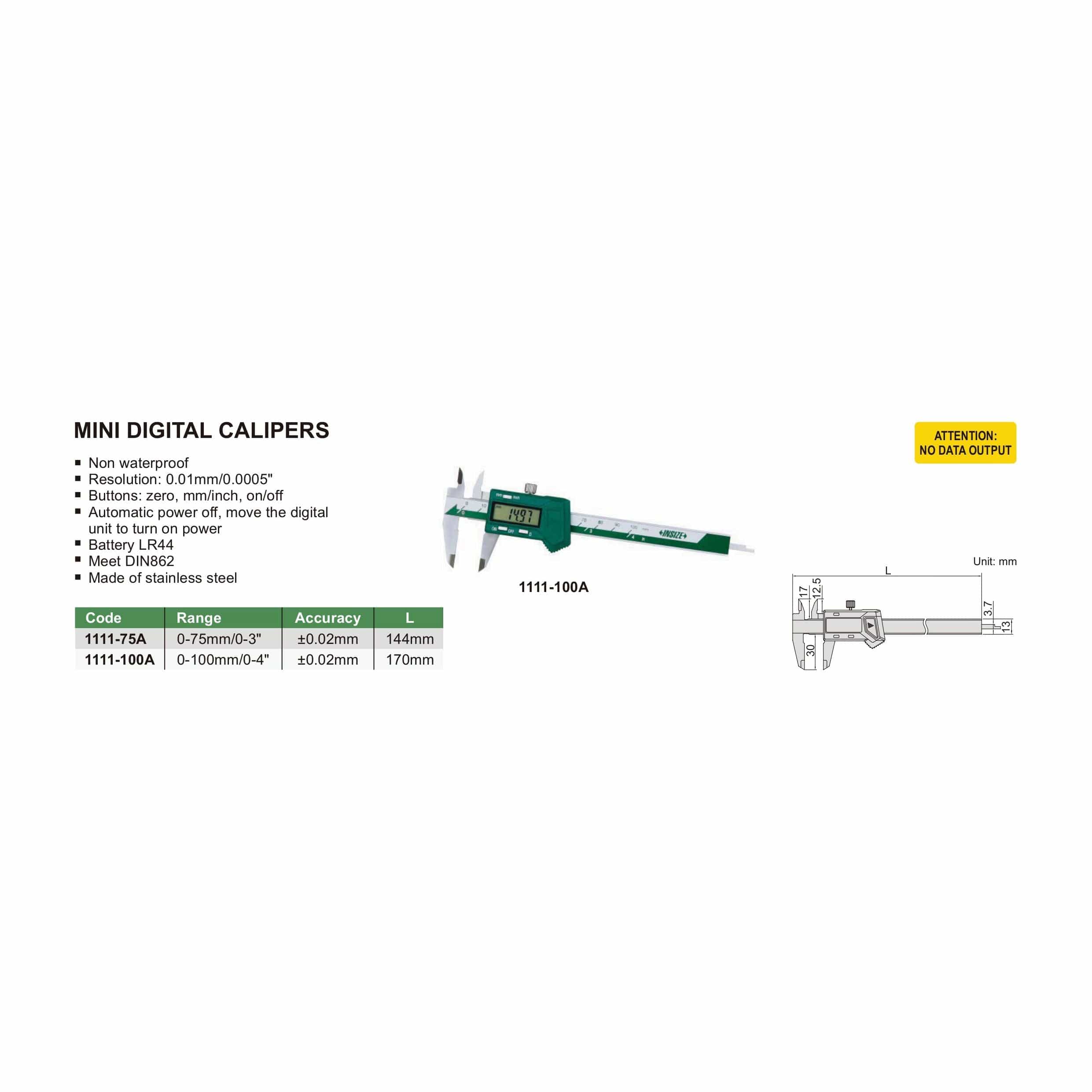 INSIZE Measuring Equipment Insize Mini Digital Caliper 0-75mm/0-3" Range Series 1111-75A