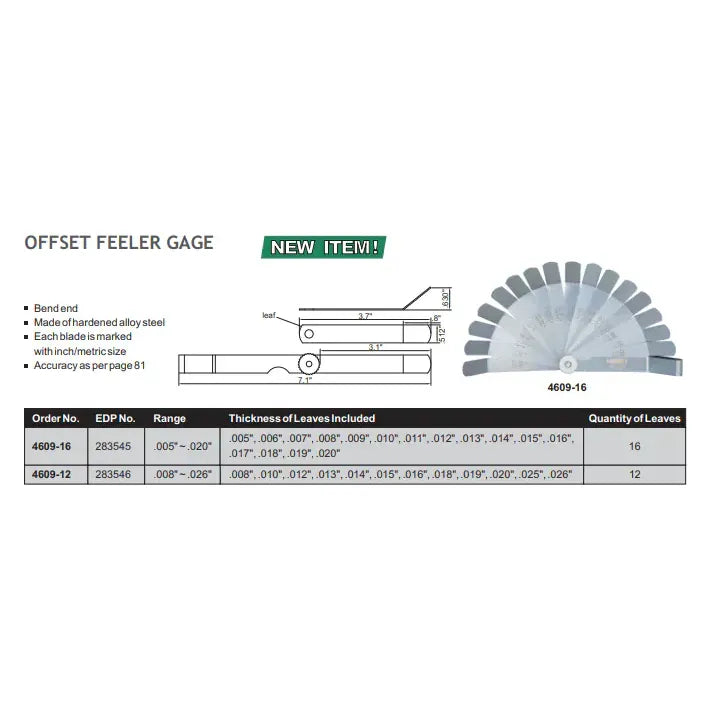 INSIZE MEASURING EQUIPMENT Insize Offset Feeler Gauge 0.008-0.026" Range Series 4609-12