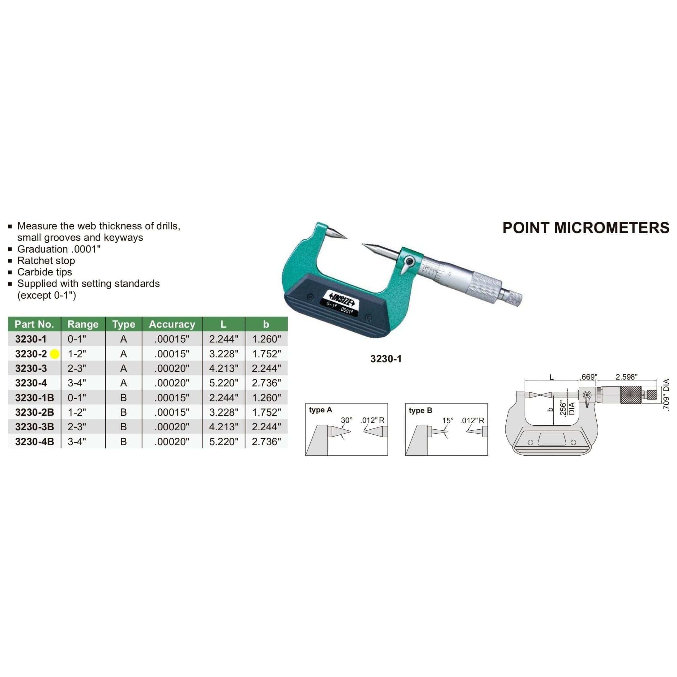 INSIZE Measuring Equipment Insize Point Micrometer 1-2" Range Series 3230-2