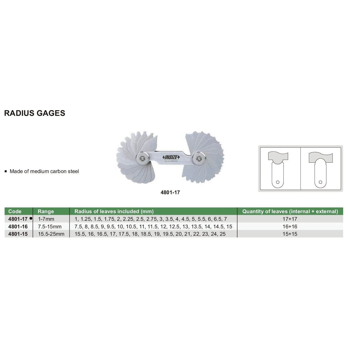 INSIZE Measuring Equipment Insize Radius Gauge Set 1-7mm Range Series 4801-17