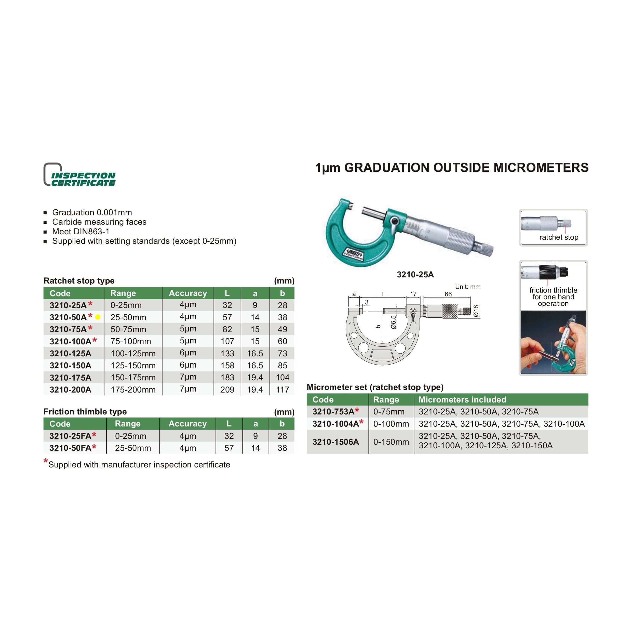 INSIZE Measuring Equipment Insize Ratchet Stop Type Outside Micrometer 25-50mm Range Series 3210-50A
