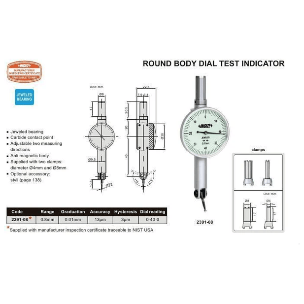 INSIZE Measuring Equipment Insize Round Body Dial Test Indicator Range Series 2391-08