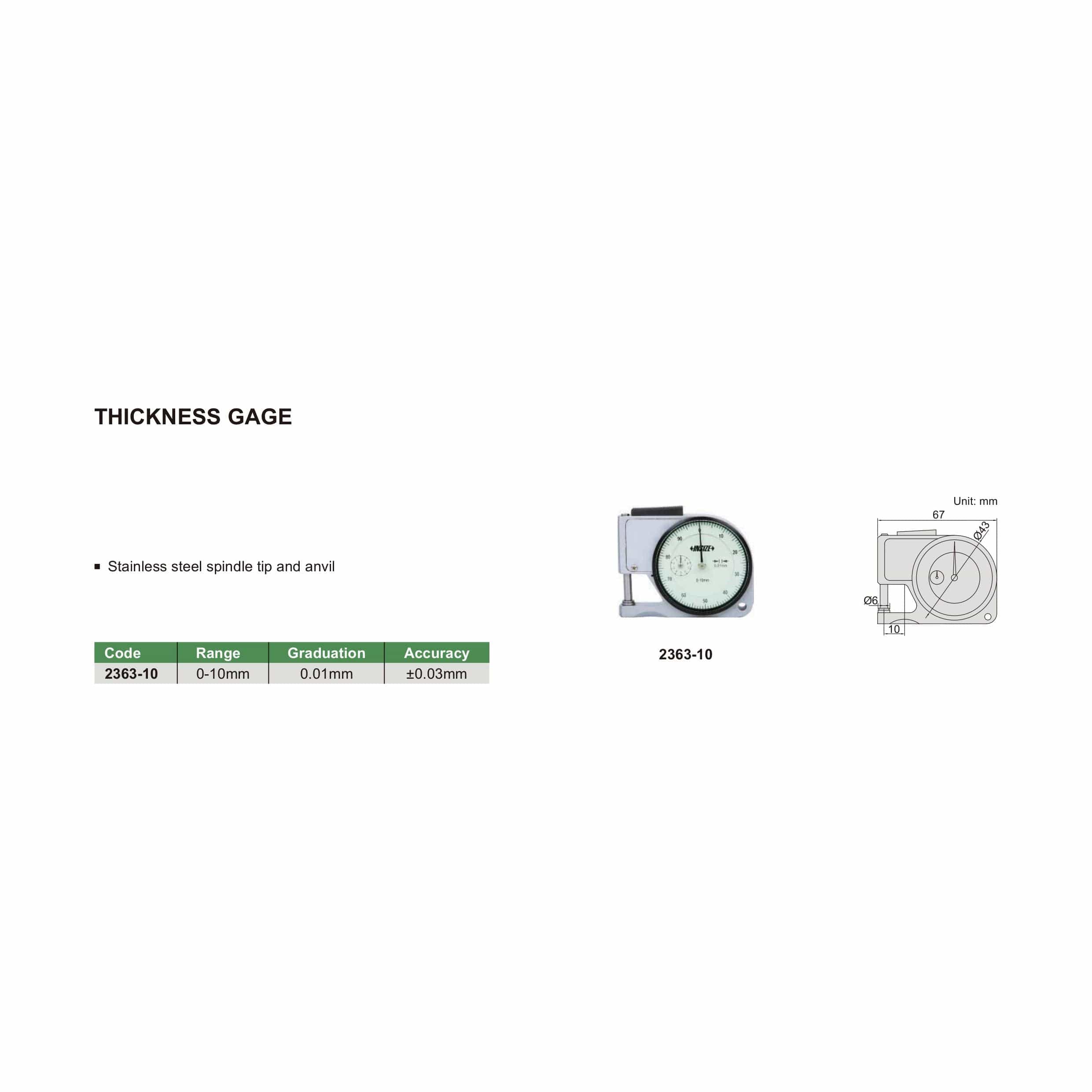 INSIZE Measuring Equipment Insize Thickness Gauge 0-10mm x 0.01mm Range Series 2363-10