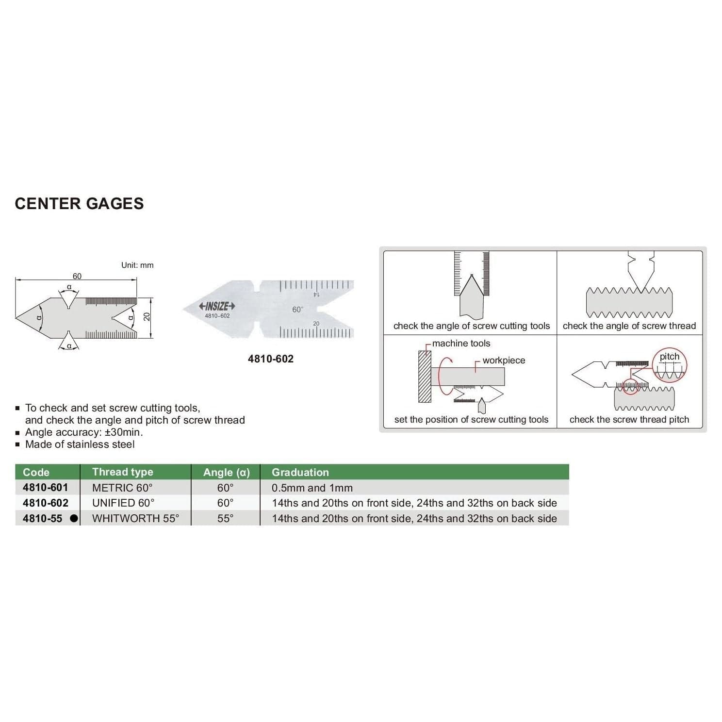 INSIZE Measuring Equipment Insize Thread Angle Gauge Whitworth 55° Range Series 4810-55