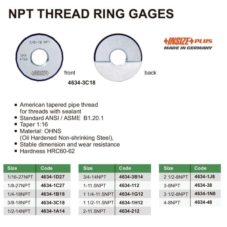 INSIZE Measuring Equipment Insize Thread Ring Gauge 3/8" NPT Range Series 4634-3C18