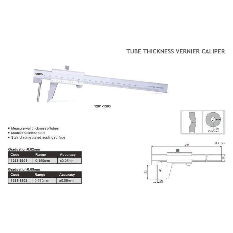INSIZE Measuring Equipment Insize Tube Thickness Caliper 0-150mm Range Series 1261-1503
