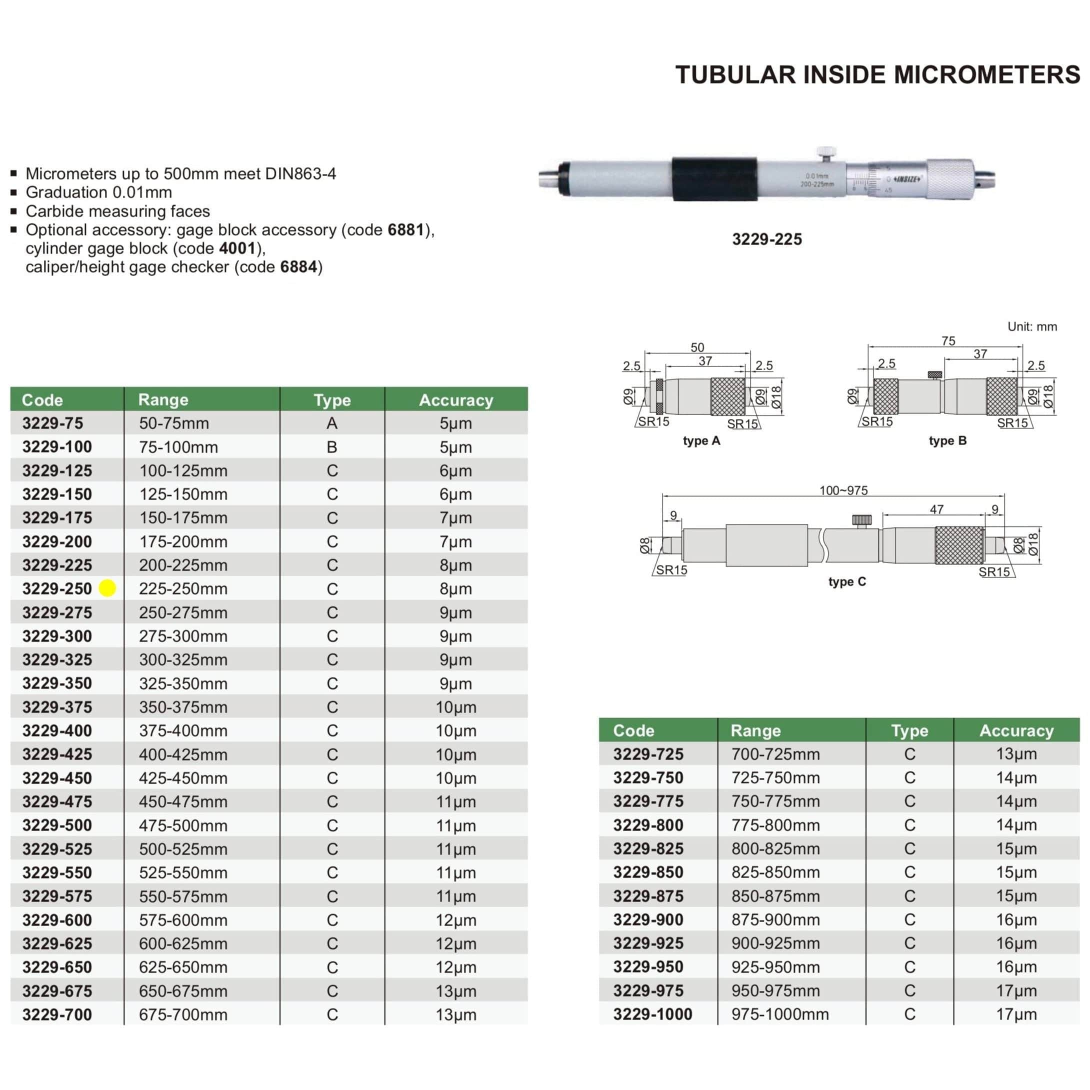 INSIZE Measuring Equipment Insize Tubular Inside Micrometer 225-250mm Range Series 3229-250
