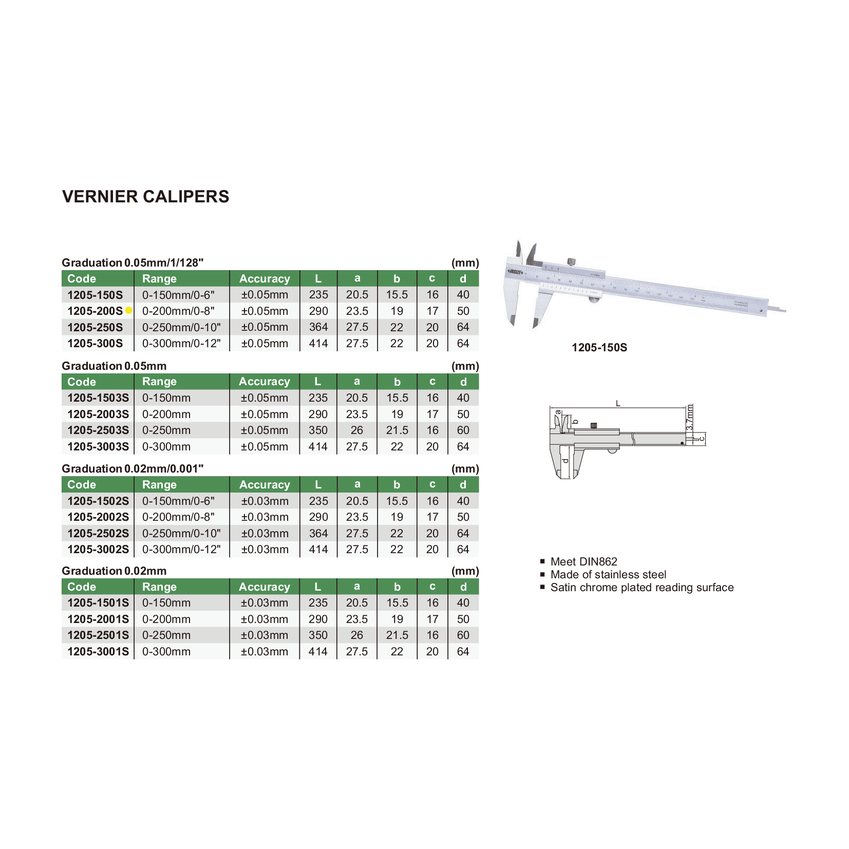 INSIZE Measuring Equipment Insize Vernier Caliper 0-200mm/0-8" Range Series 1205-200S