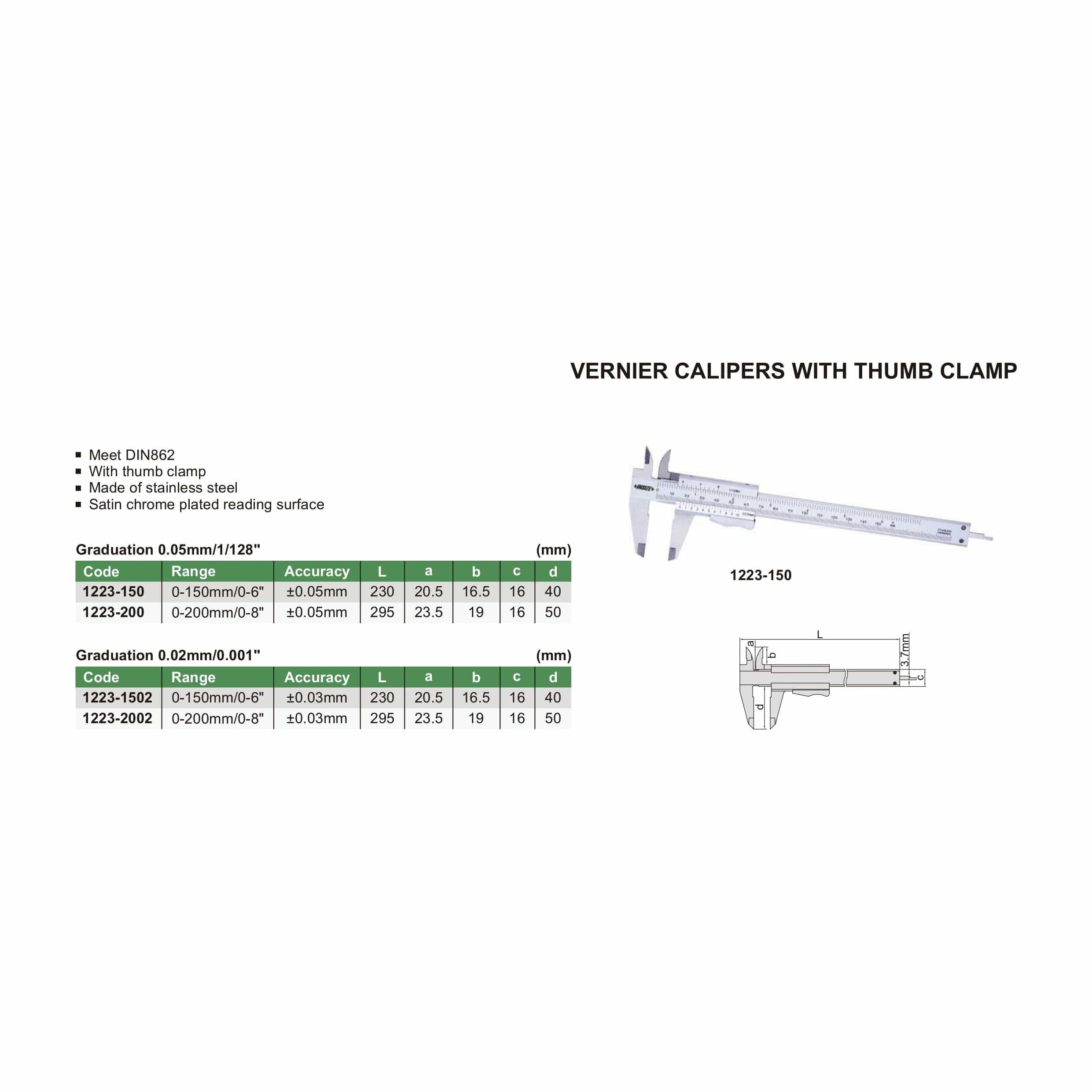 INSIZE Measuring Equipment Insize Vernier Caliper 0-200mm/0-8" x 0.02mm Range Series 1223-2002