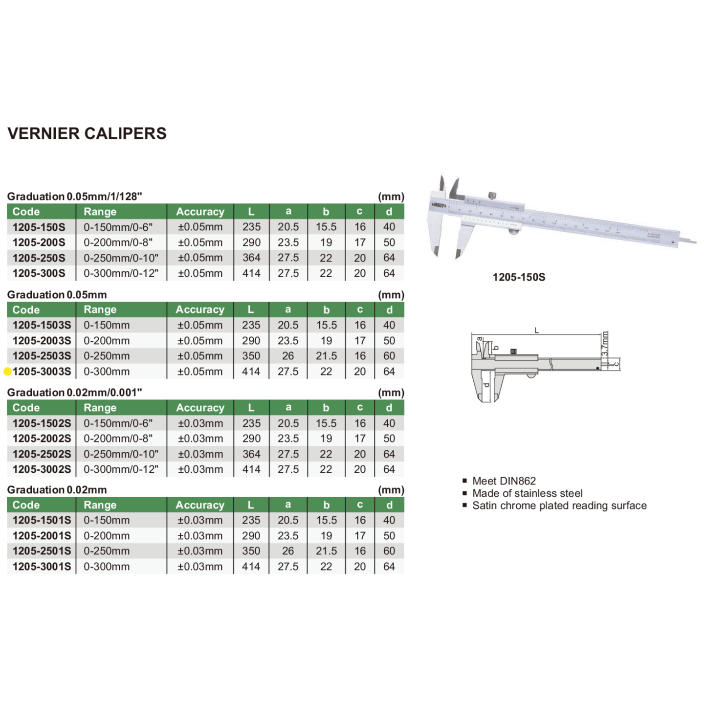 INSIZE Measuring Equipment Insize Vernier Caliper 0-300mm Range Series 1205-3003S