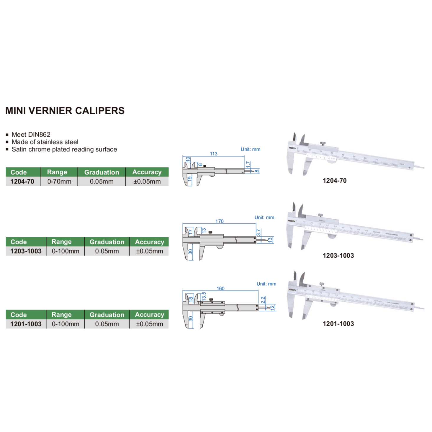 INSIZE Measuring Equipment Insize Vernier Caliper 0-70mm Range Series 1204-70