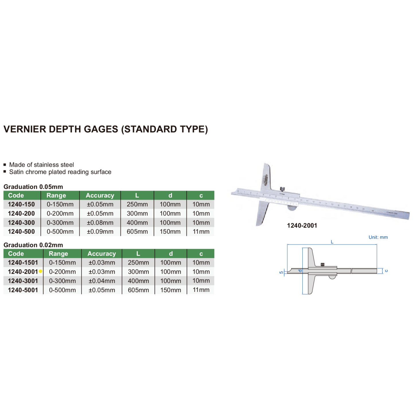 INSIZE Measuring Equipment Insize Vernier Depth Gauge 0-200mm Range Series 1240-2001