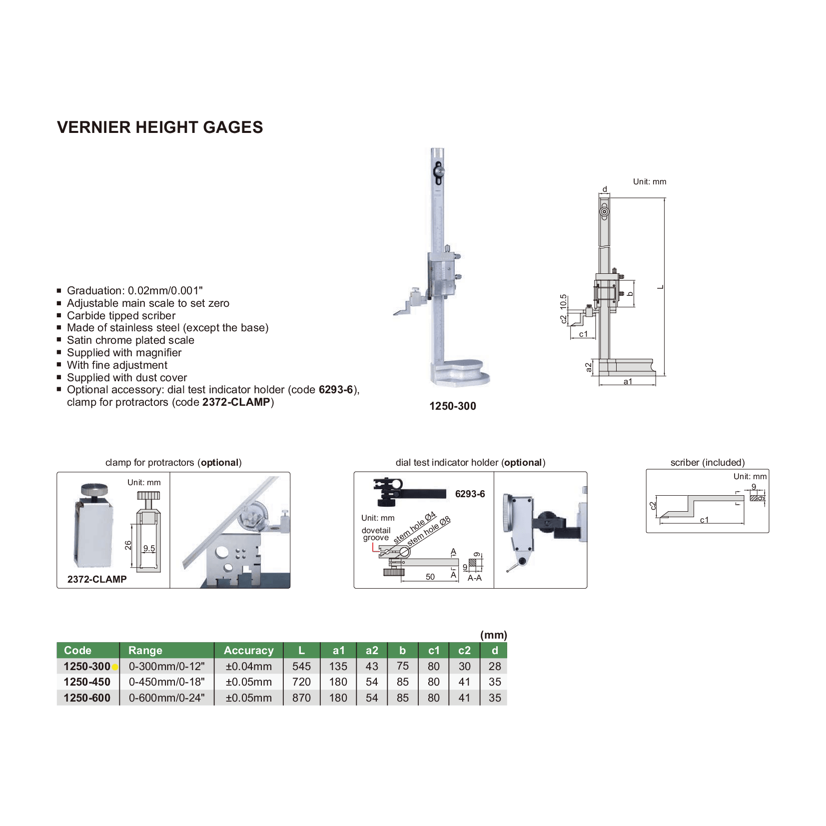 INSIZE Measuring Equipment Insize Vernier Height Gauge 0-300mm / 0-12" Range Series 1250-300