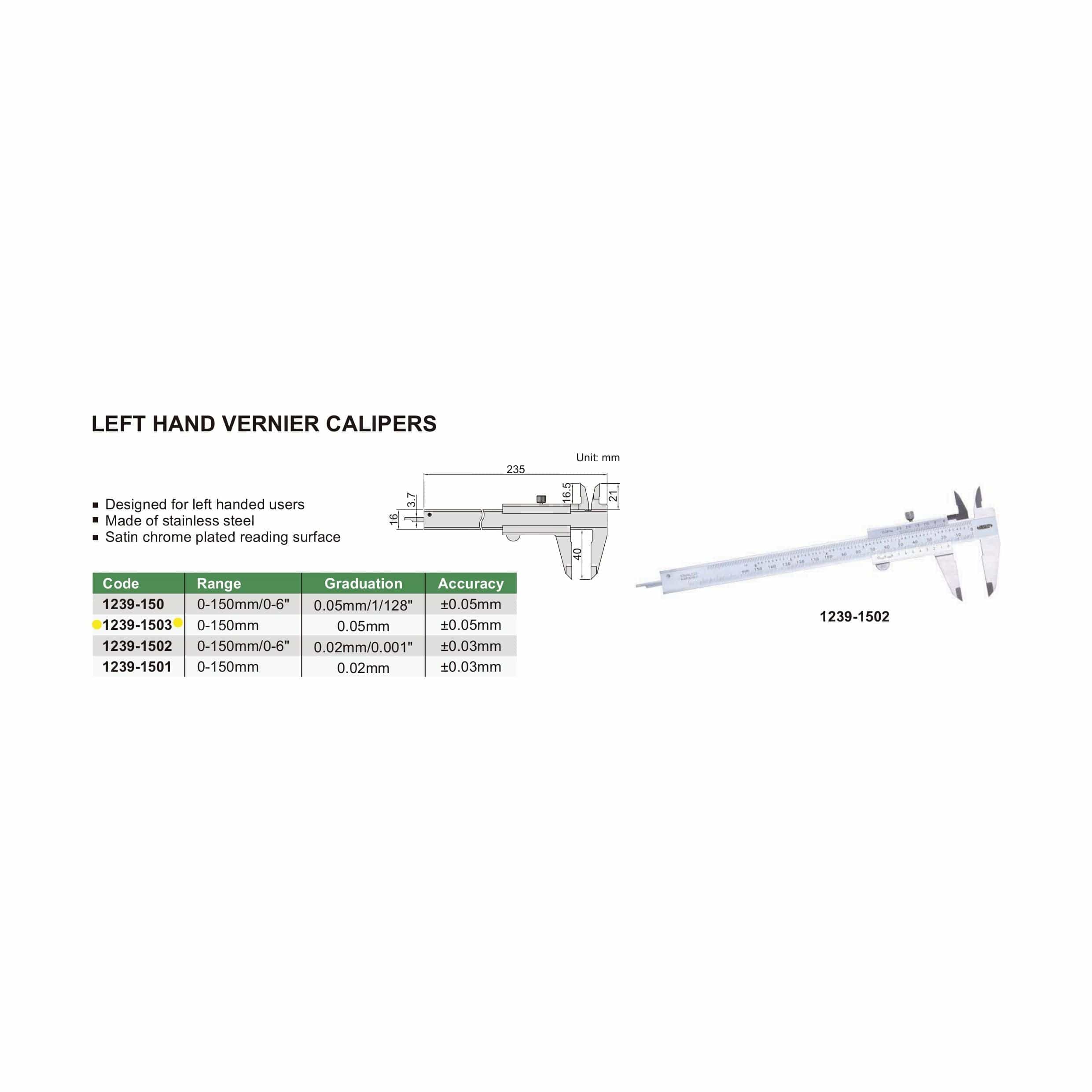 INSIZE Measuring Equipment Insize Vernier Left Hand Caliper 0-150mm/0-6" Range Series 1239-1503