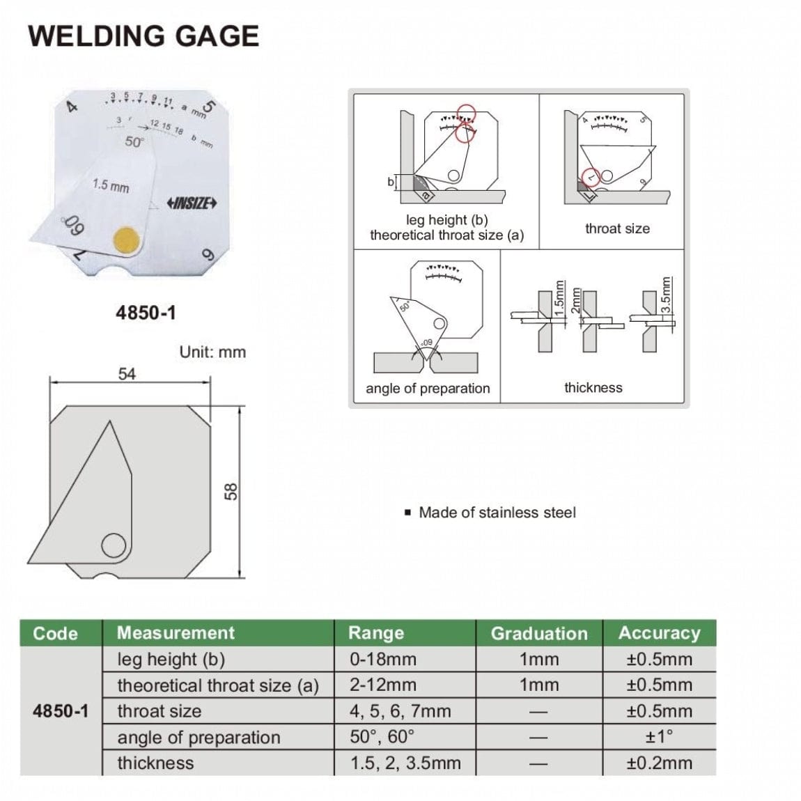 INSIZE Measuring Equipment Insize Welding Gauge Series 4850-1