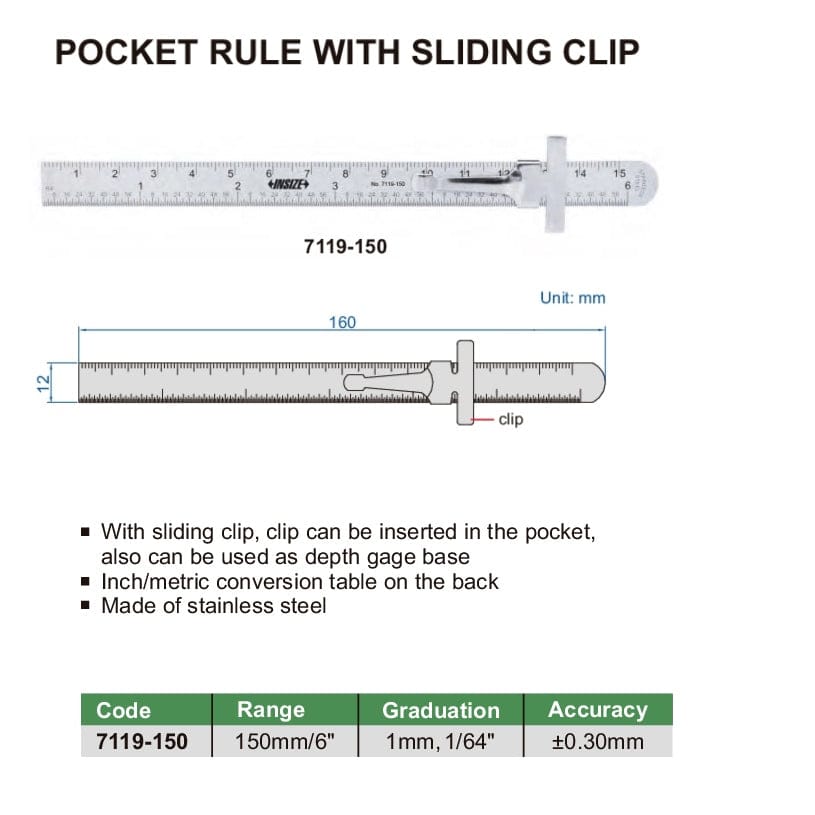 INSIZE Measuring Equipment Stainless Steel Pocket Ruler with depth gauge 0-150mm Series 7119-150