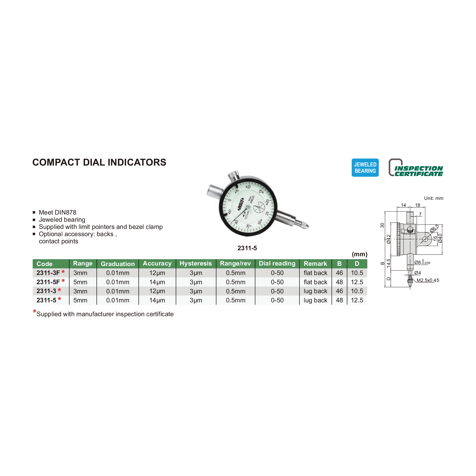 Insize Metric Compact Dial Indicator 5mm Range Series 2311-5 - Twin Eagle Imports