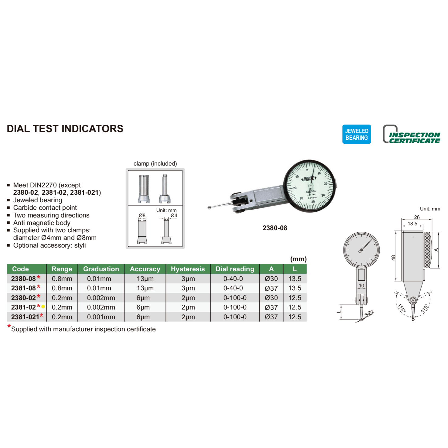 Insize Metric Dial Indicator 0.2mm Range Series 2381-02 - Twin Eagle Imports