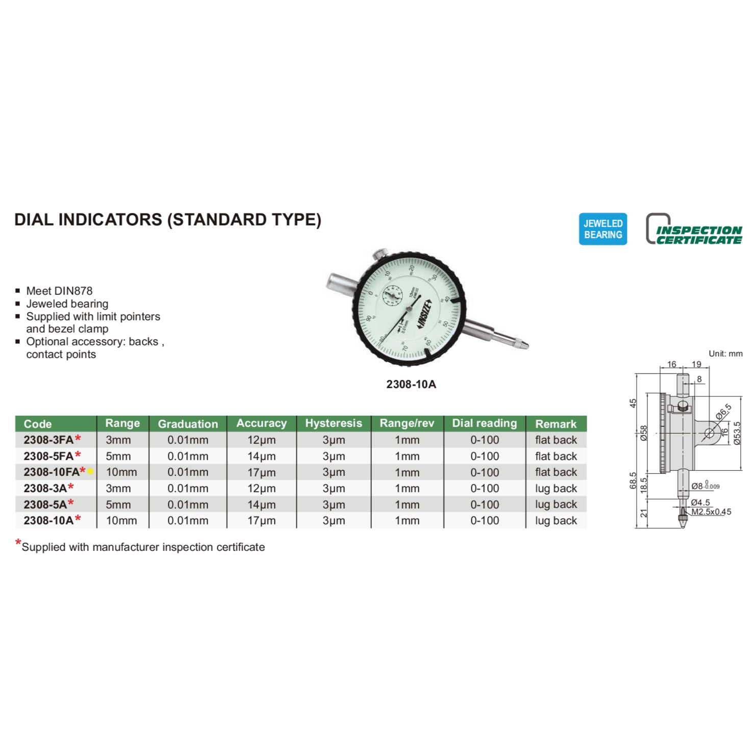 Insize Metric Flat Back Dial Indicator 10mm Range Series 2308-10FA - Twin Eagle Imports