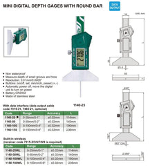 Insize Mini Digital Depth Gauge W/ Round Bar 114mm Range Series 1140-25 - Twin Eagle Imports