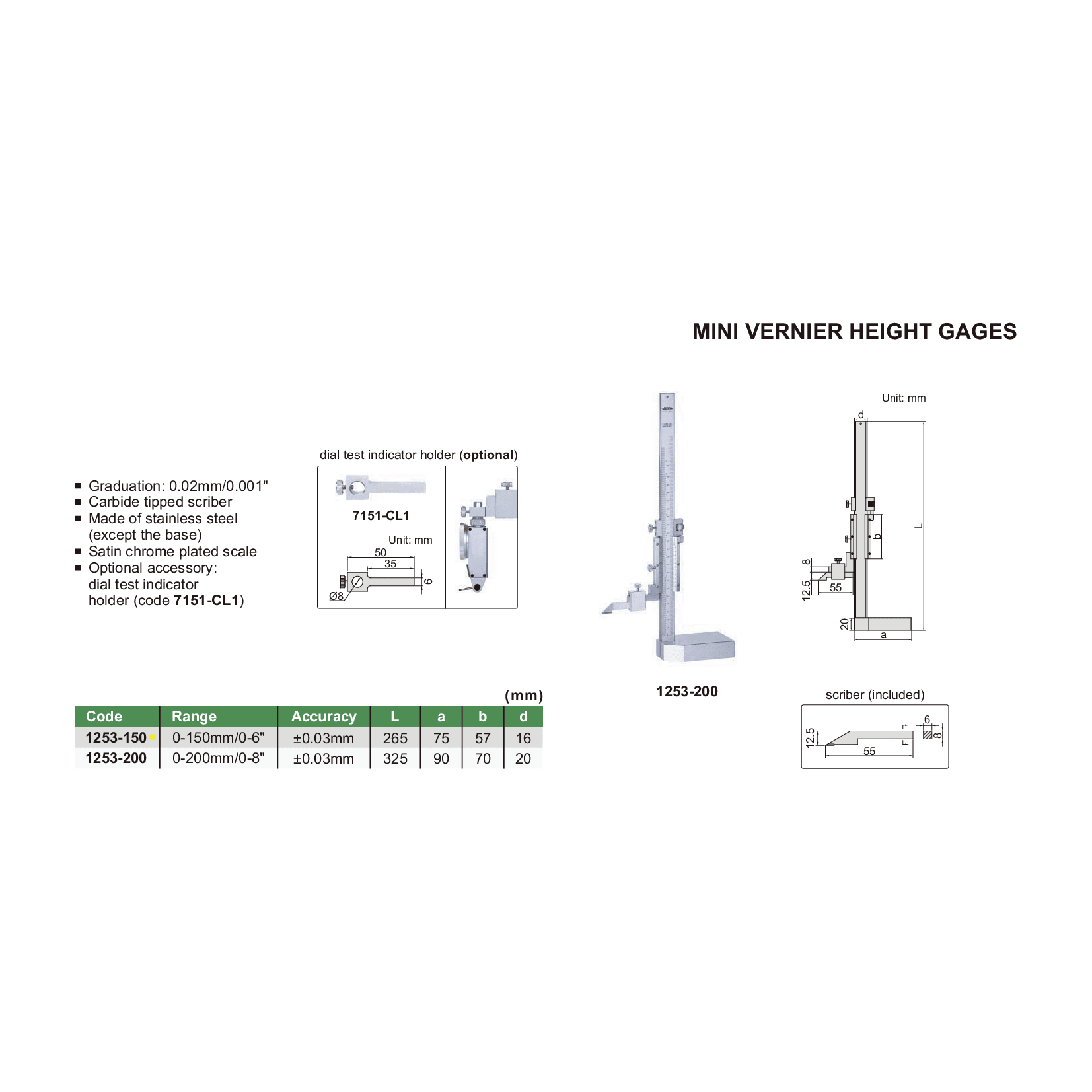 Insize Mini Vernier Height Gauge 0-150mm / 0-6" Range Series 1253-150 - Twin Eagle Imports