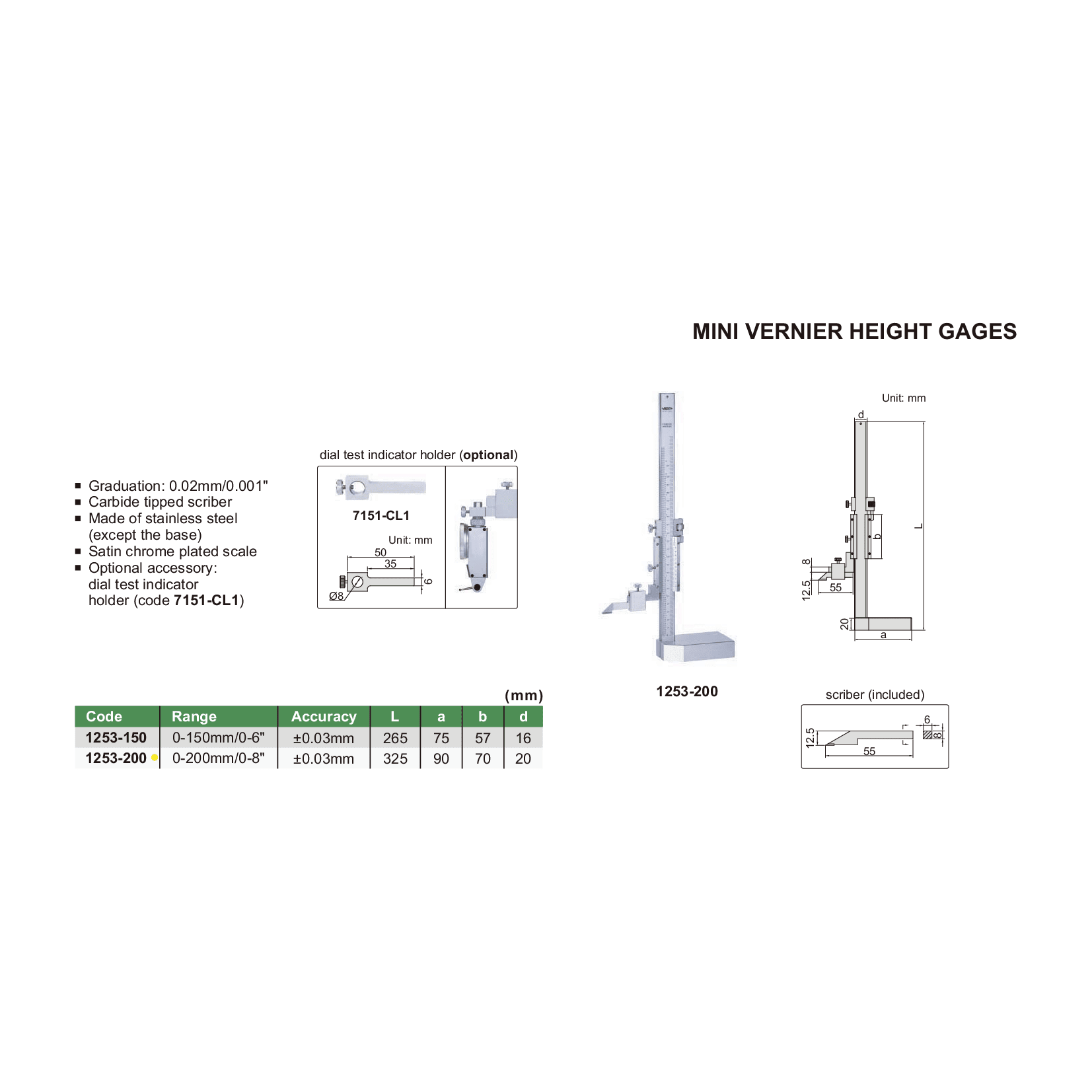 Insize Mini Vernier Height Gauge 0-200mm / 0-8" Range Series 1253-200 - Twin Eagle Imports