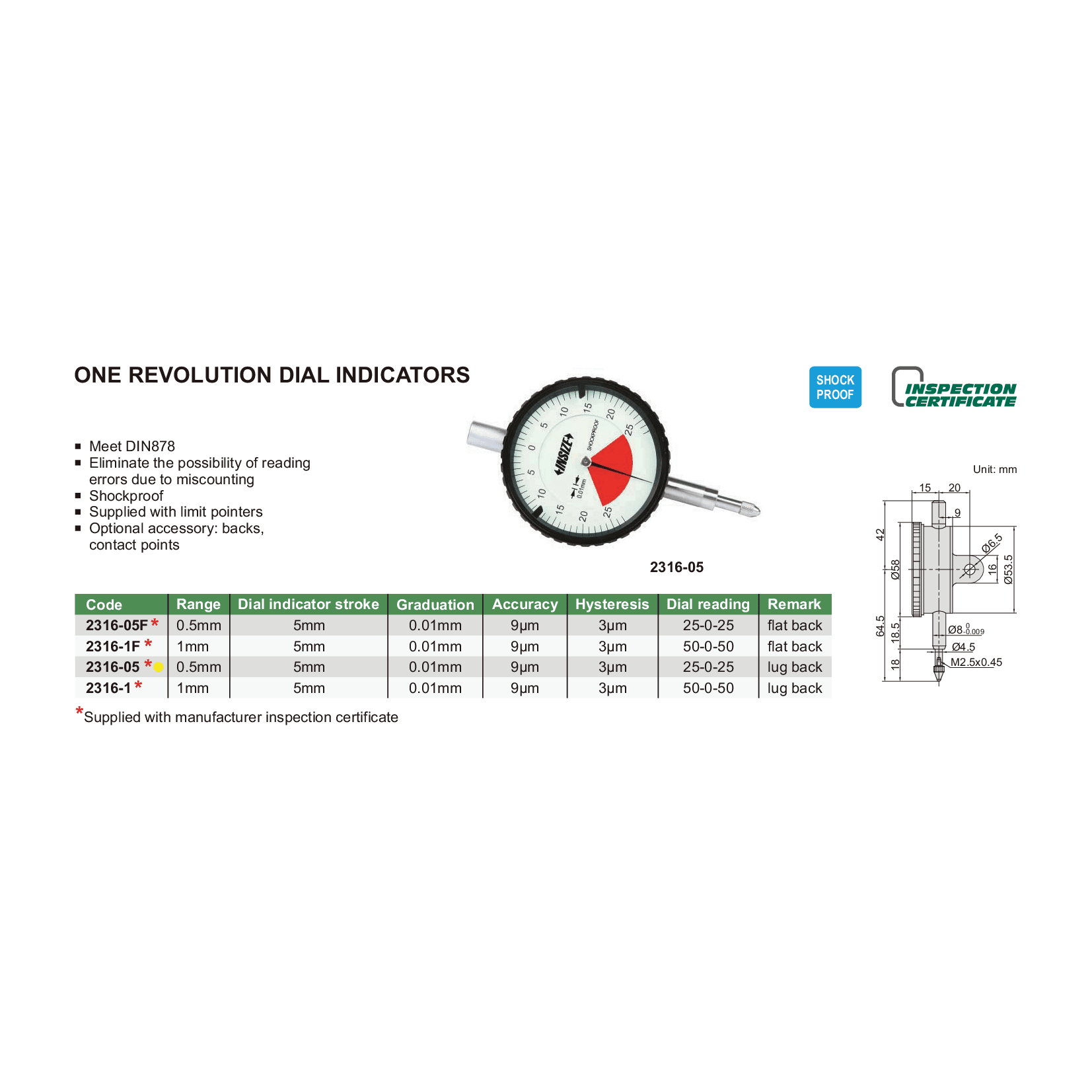 Insize One Revolution Dial Indicator 0.5mm Range Series 2316-05 - Twin Eagle Imports