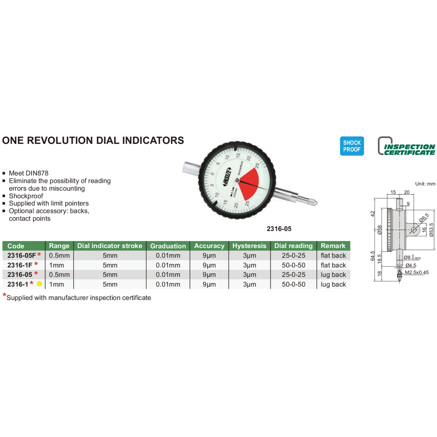 Insize One Revolution Dial Indicator 1mm Range Series 2316-1 - Twin Eagle Imports