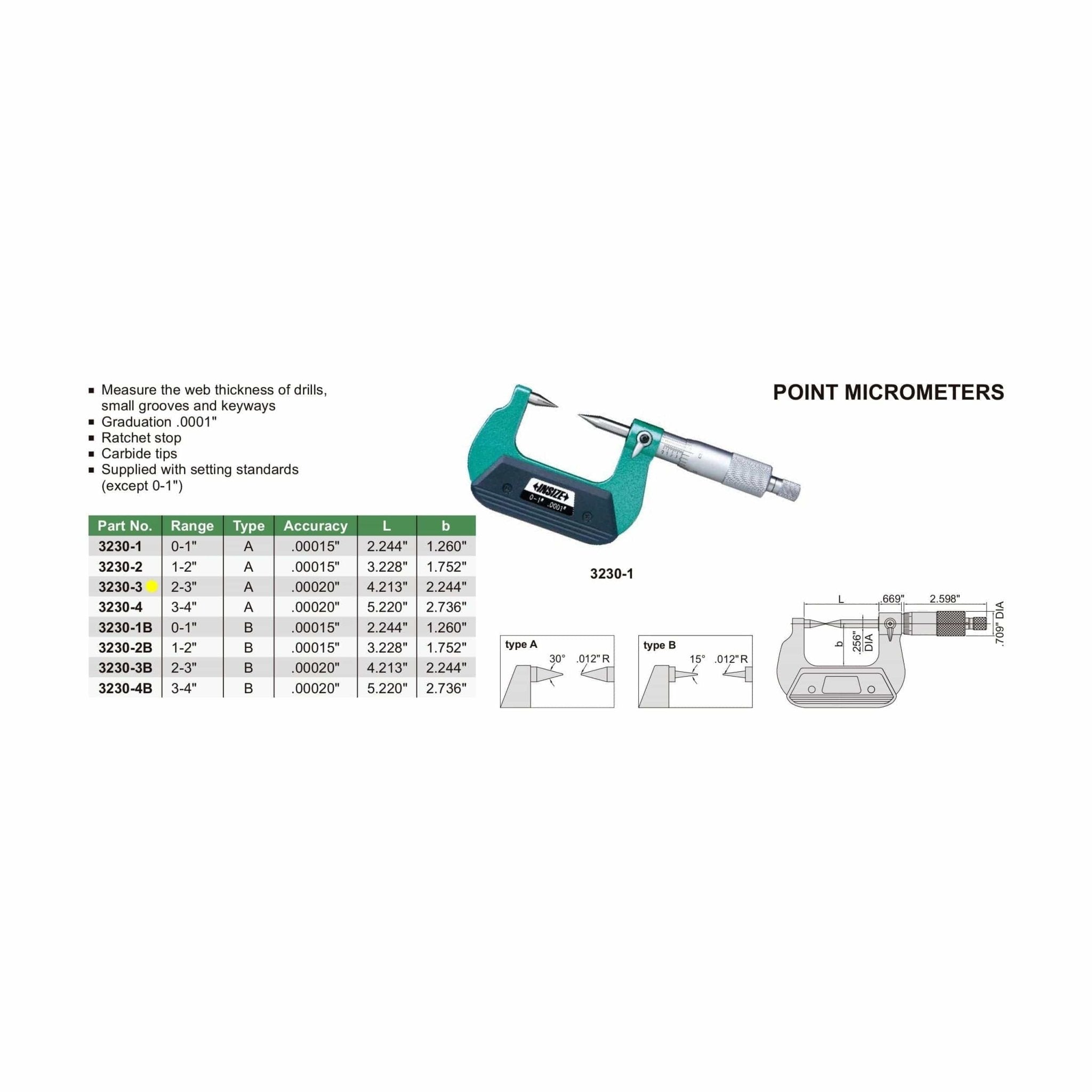 Insize Point Micrometer 2-3" Range Series 3230-3 - Twin Eagle Imports