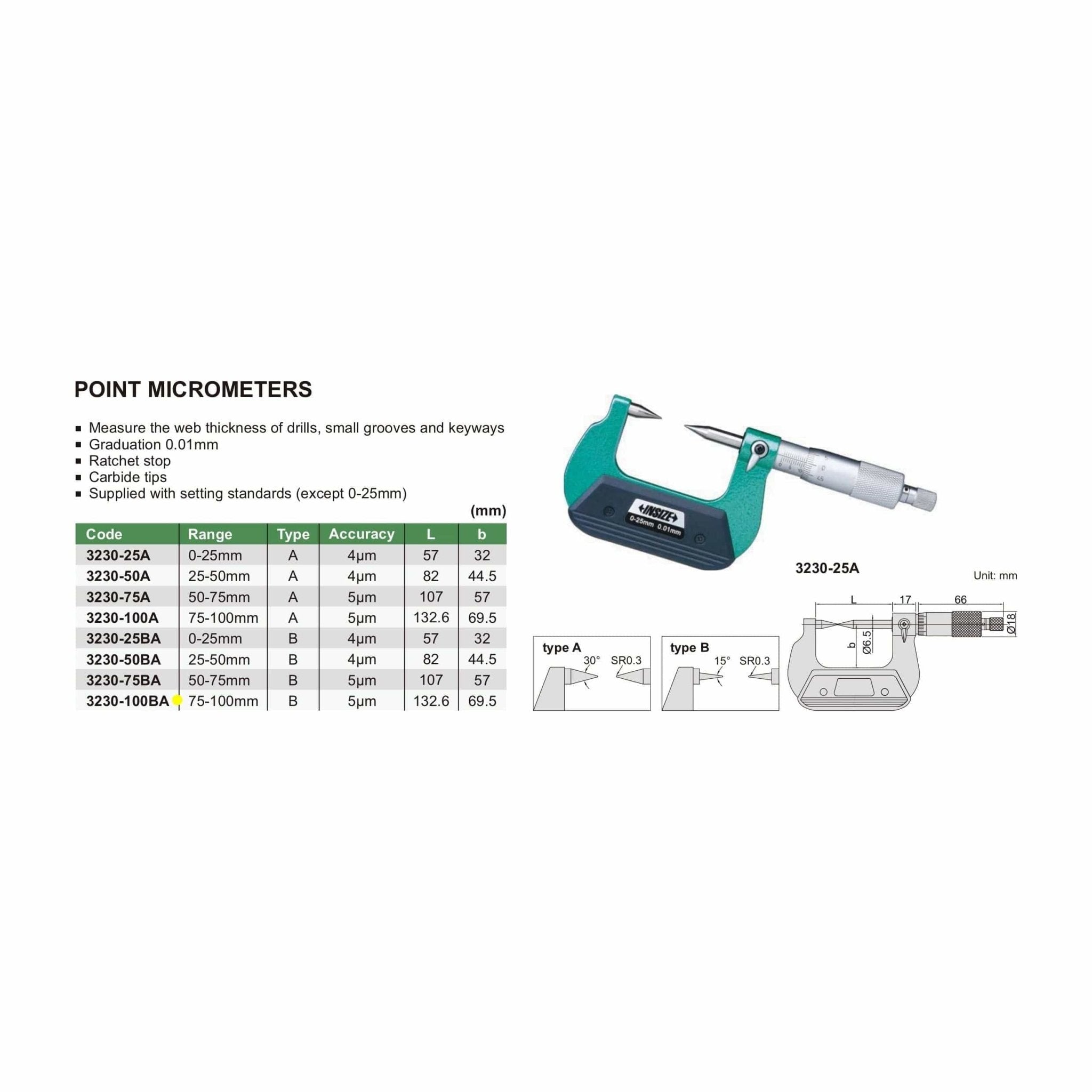 Insize Point Micrometer 75-100mm Range Series 3230-100BA - Twin Eagle Imports