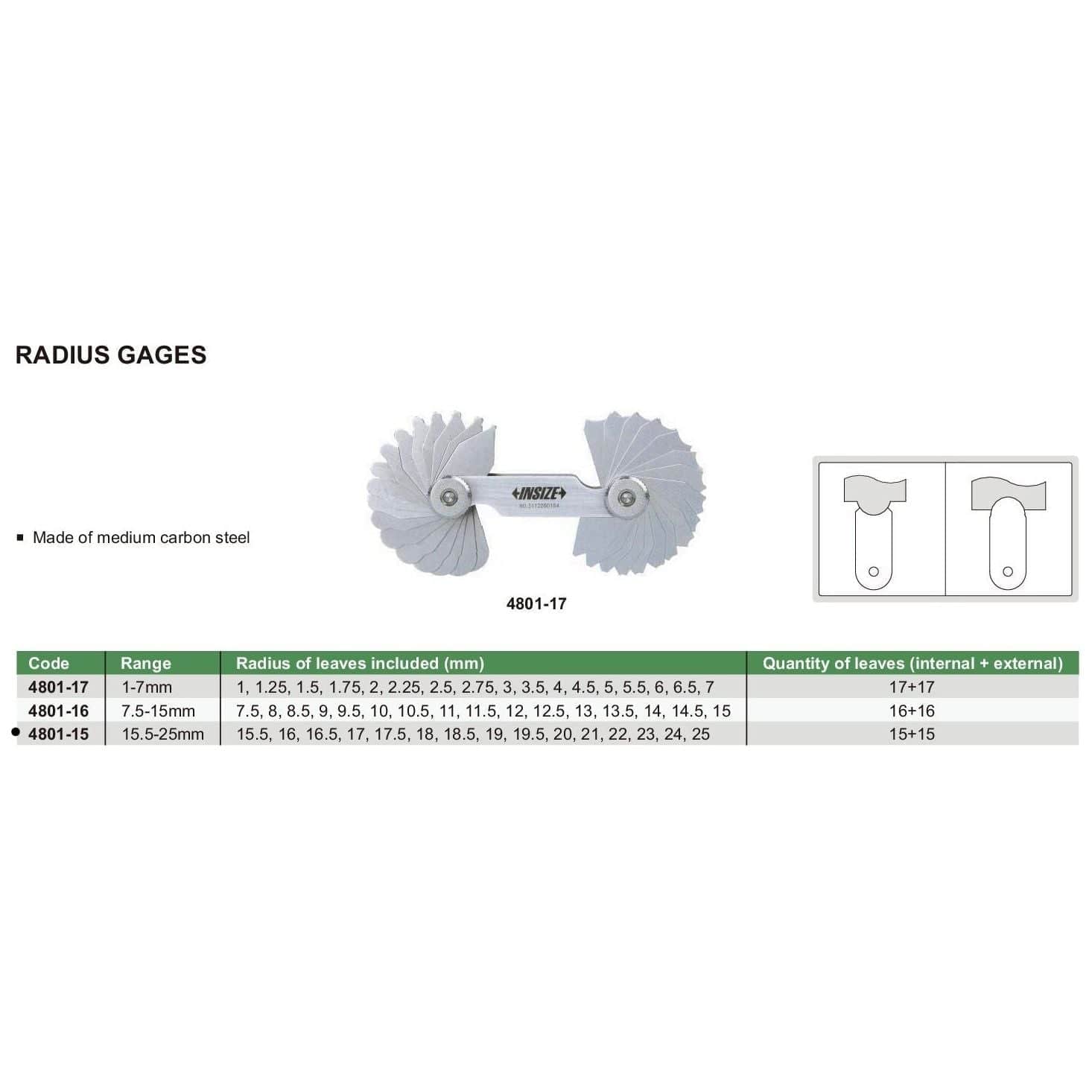 Insize Radius Gauge Set 15.5-25mm Range Series 4801-15 - Twin Eagle Imports