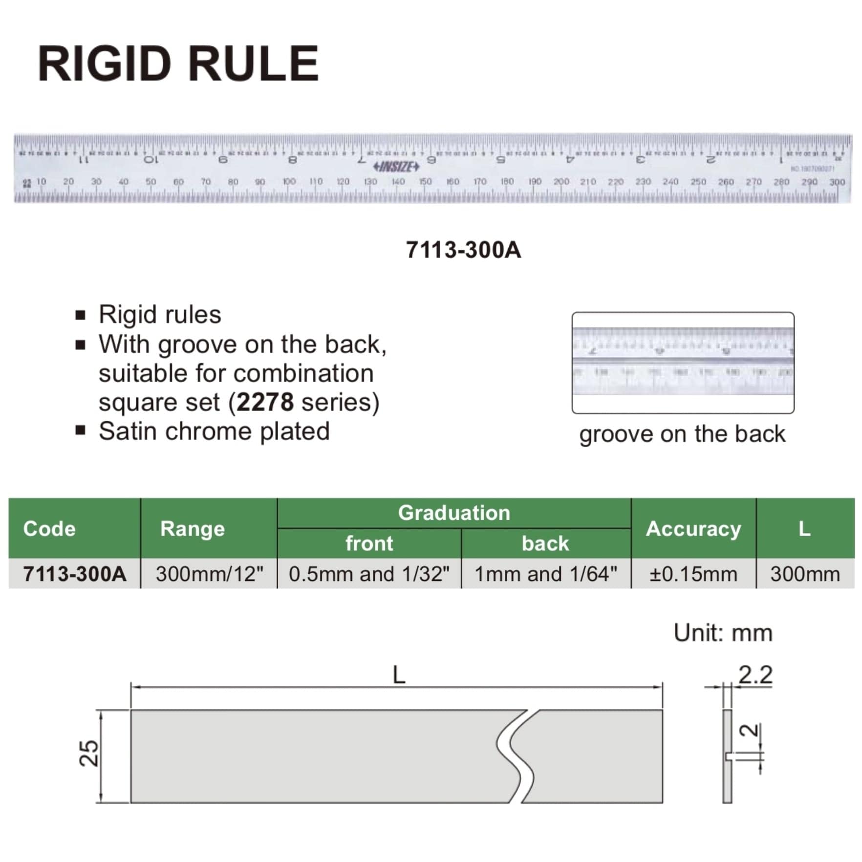 Insize Rigid Rule 300mm/12" Range Series 7113-300A - Twin Eagle Imports