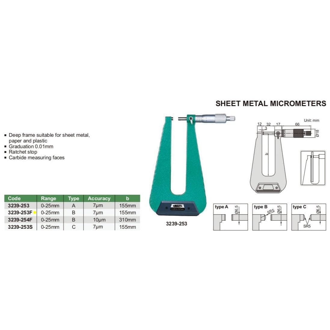 Insize Sheet Metal Micrometer 0-25mm Range Series 3239-253F - Twin Eagle Imports