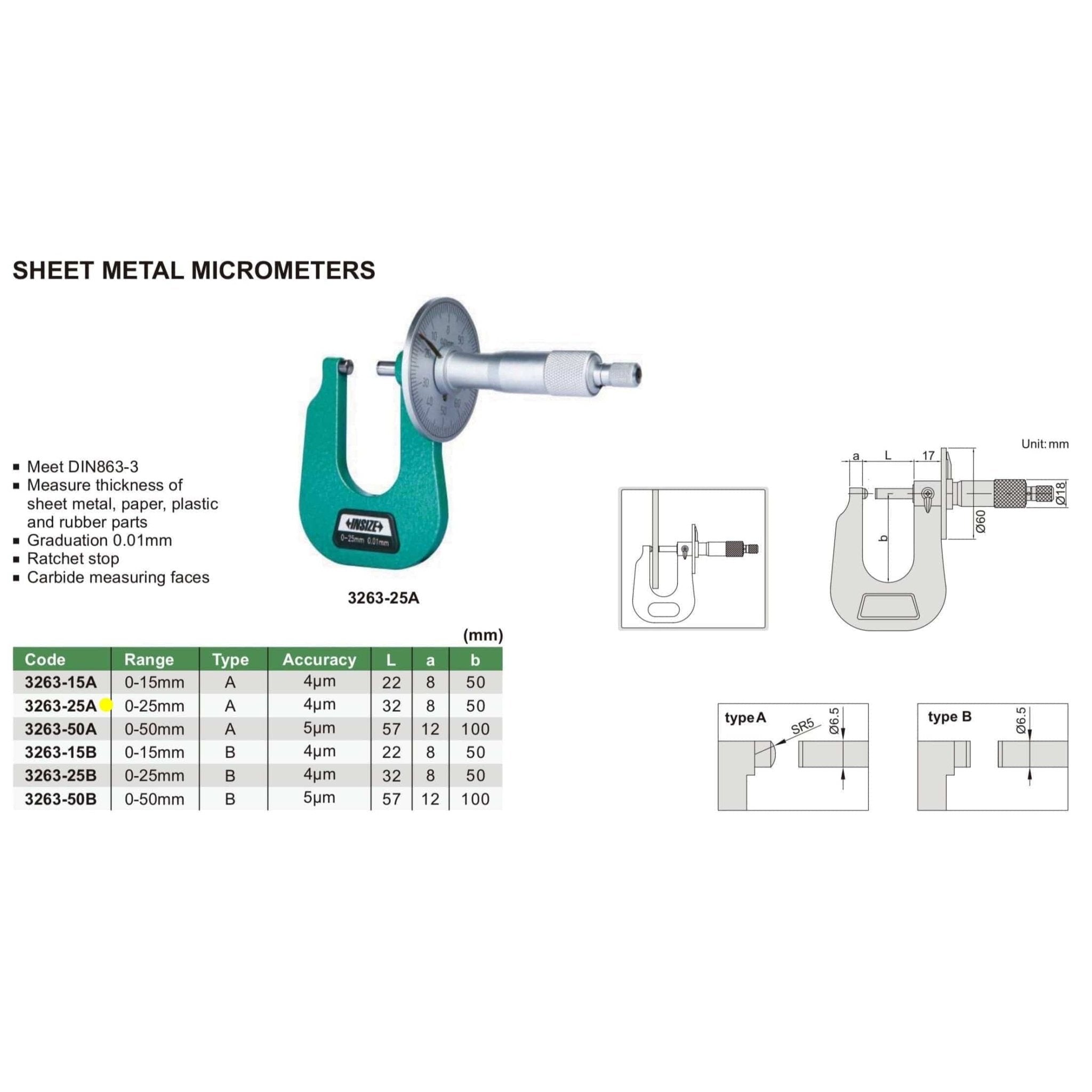 Insize Sheet Metal Micrometer 0-25mm Range Series 3263-25A - Twin Eagle Imports
