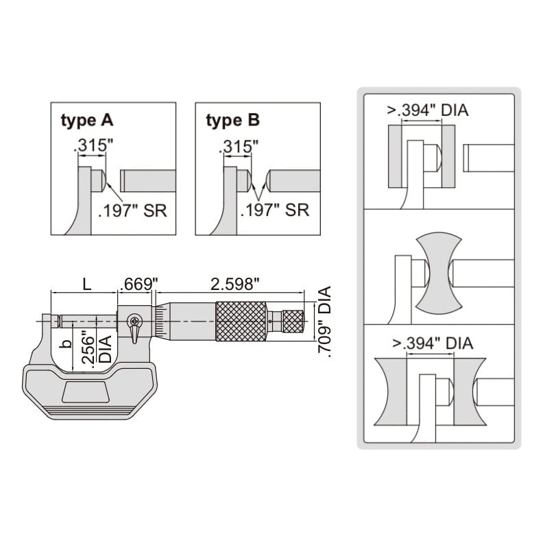 Insize Spherical Anvil Tube Micrometer 0-1" Type B Series 3260-1S - Twin Eagle Imports