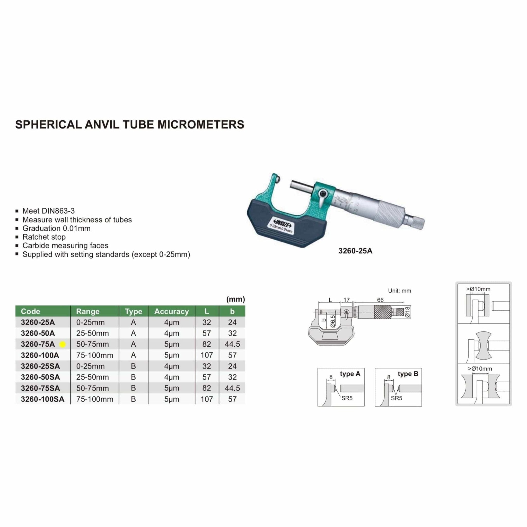 Insize Spherical Anvil Tube Micrometer 50-75mm Type A Series 3260-75A - Twin Eagle Imports