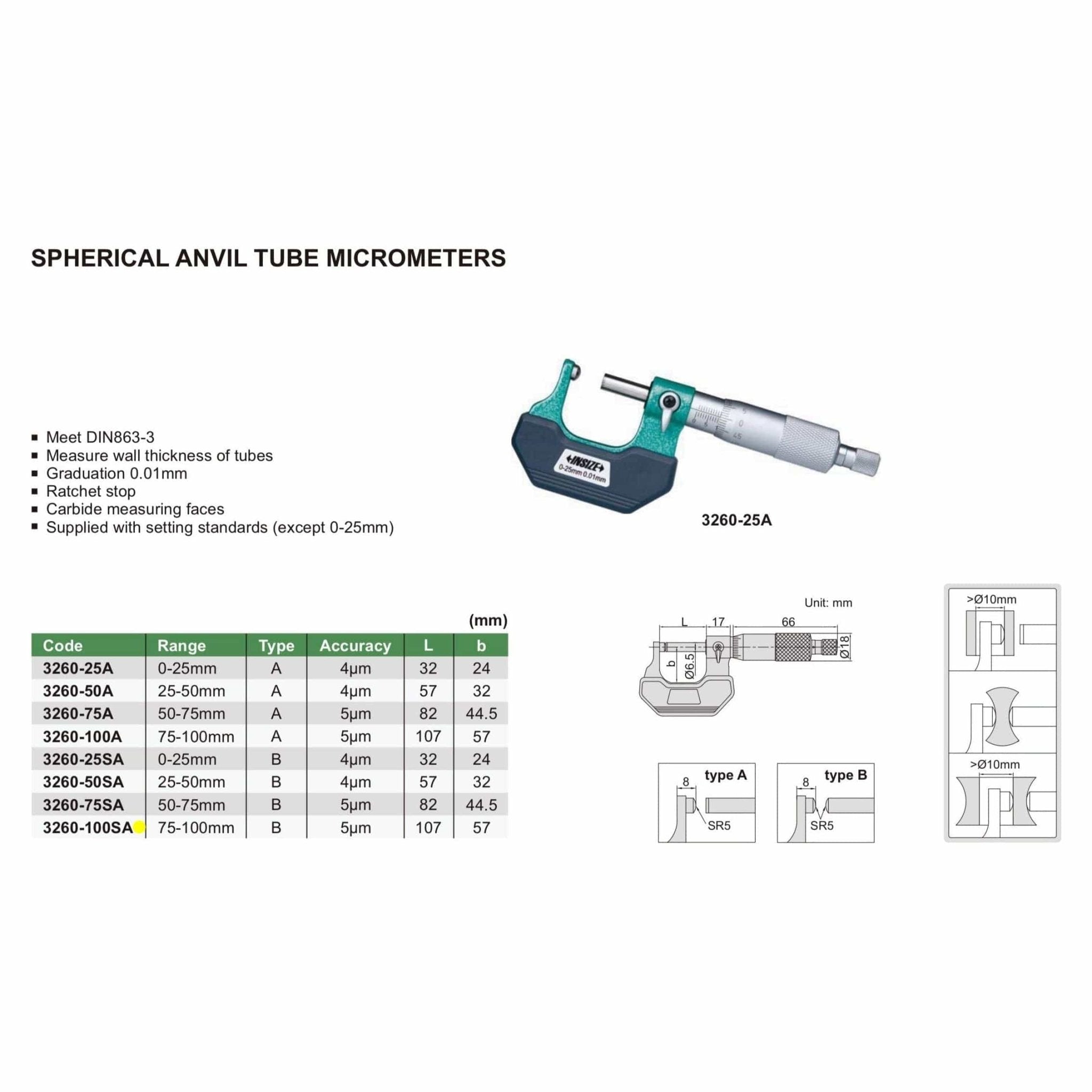 Insize Spherical Anvil Tube Micrometer 75-100mm Type B Series 3260-100SA - Twin Eagle Imports