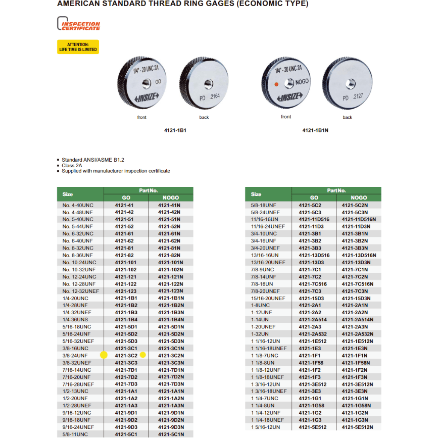Insize Thread GO Ring Gauge 3/8"-24 UNF Series 4121-3C2 - Twin Eagle Imports