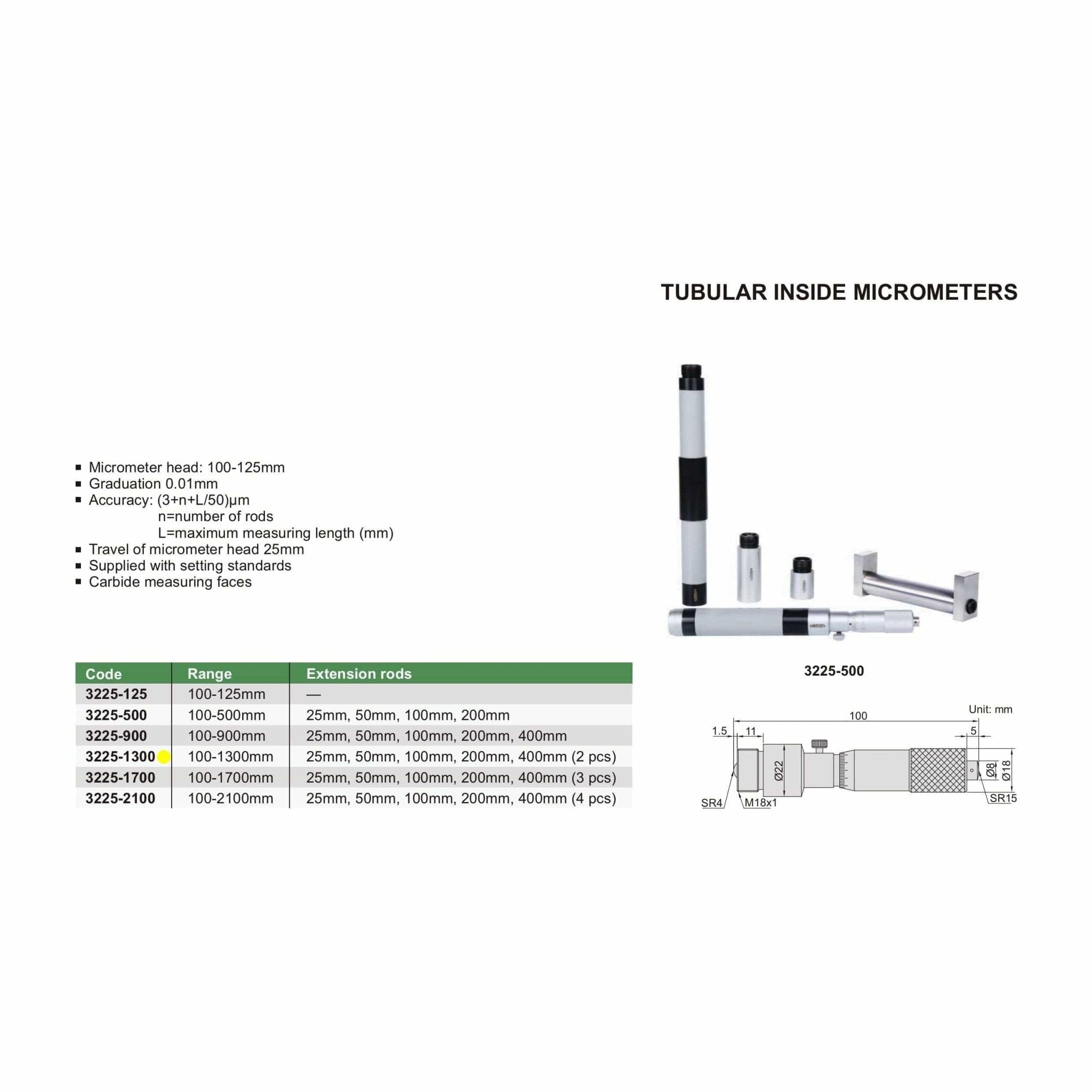 Insize Tubular Inside Micrometer 100-1300mm Range Series 3225-1300 - Twin Eagle Imports
