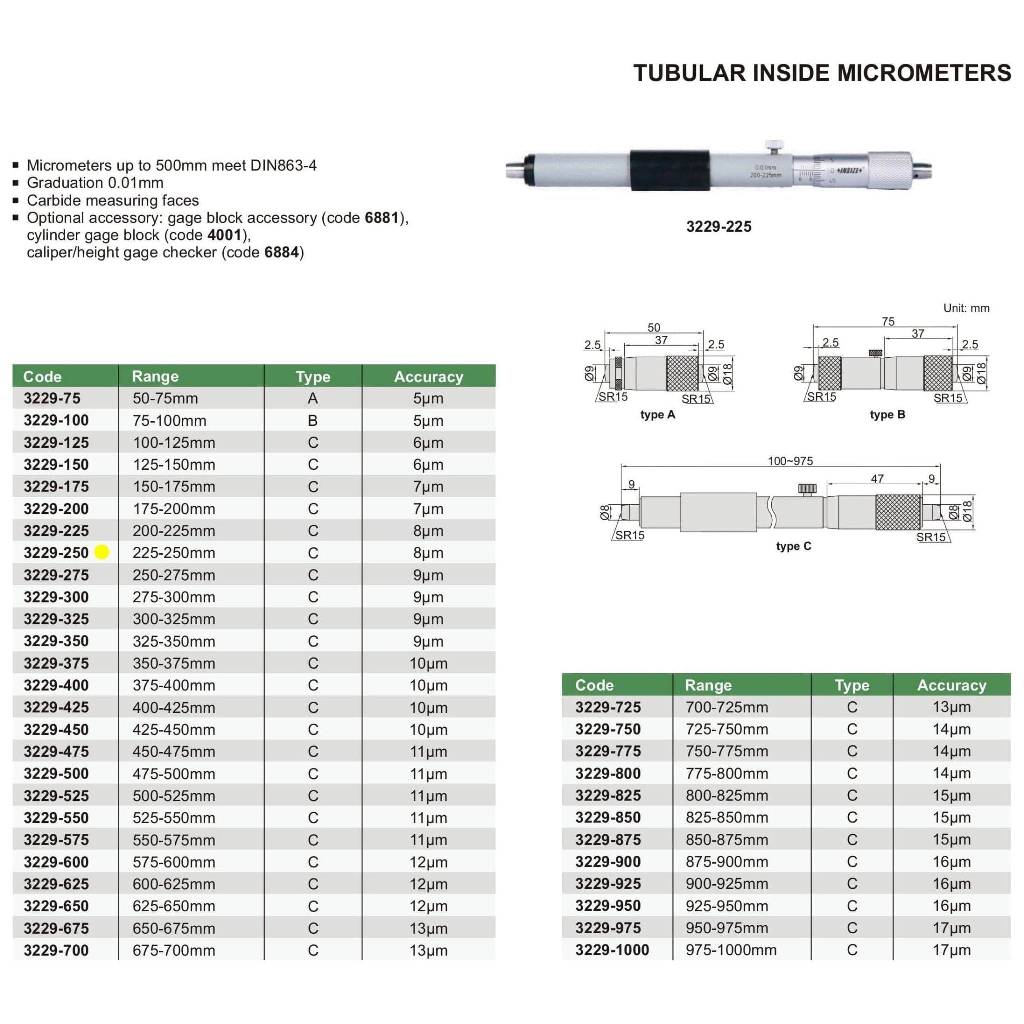 Insize Tubular Inside Micrometer 275-300mm Range Series 3229-300 - Twin Eagle Imports