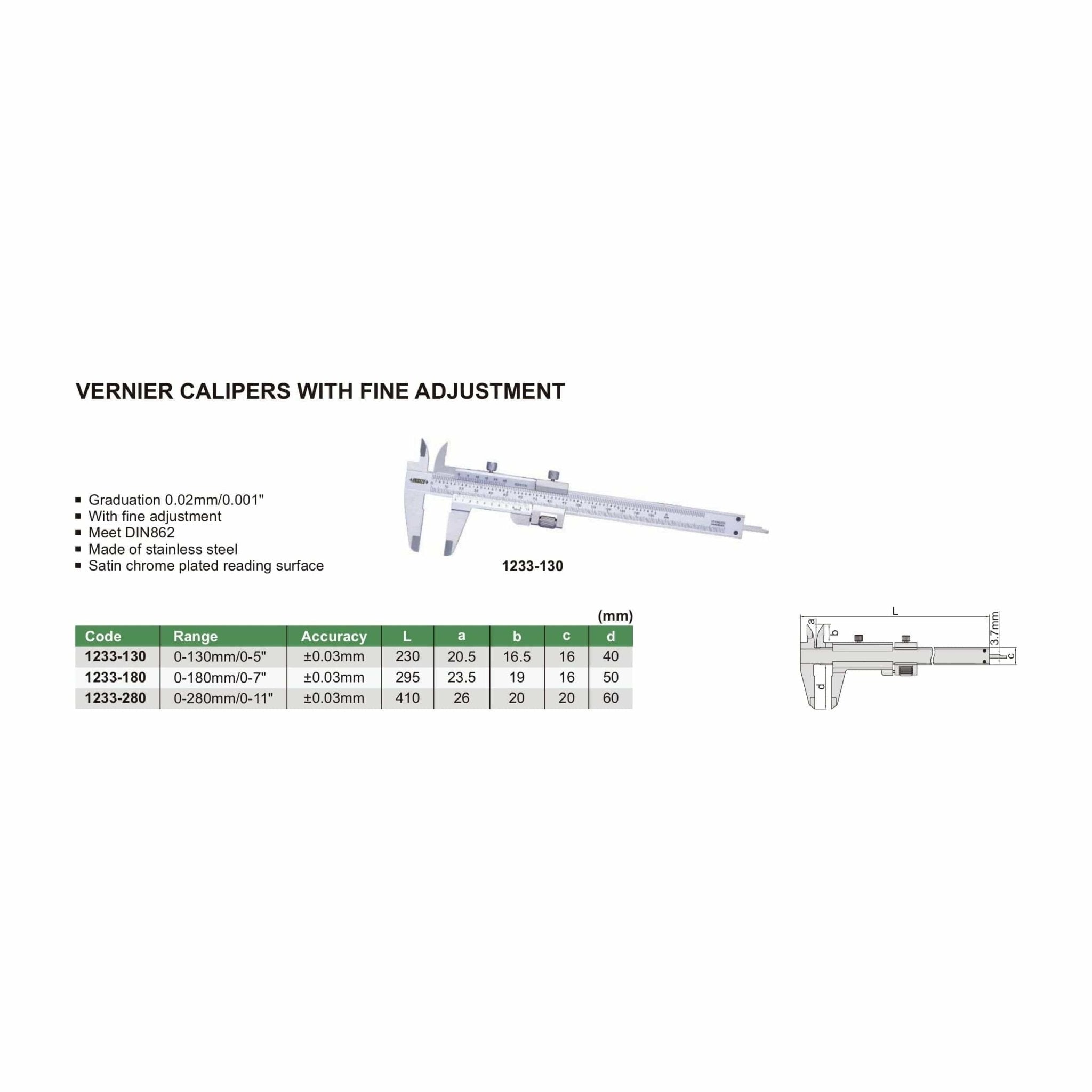 Insize Vernier Caliper 0-180mm/0-7" Range Series 1233-180 - Twin Eagle Imports