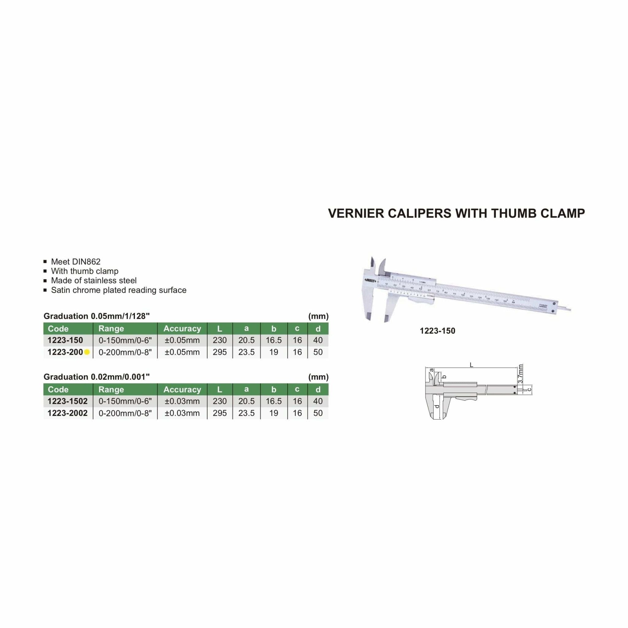 Insize Vernier Caliper 0-200mm/0-8" Range Series 1223-200 - Twin Eagle Imports